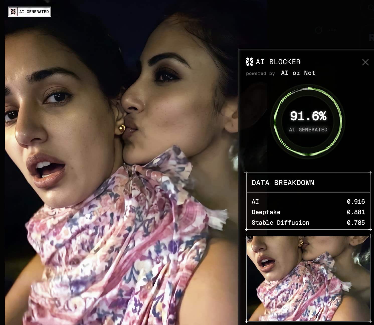 AI or Not detection panel confirming the Mouni Roy and Disha Patani image is AI-generated