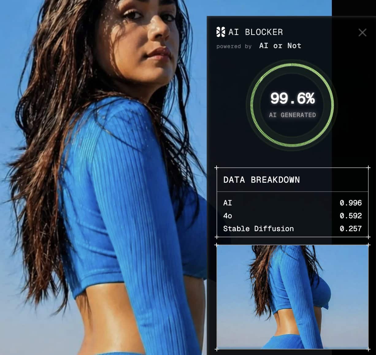 AI or Not detection panel on the Mrunal Thakur image confirming the photo is AI-generated