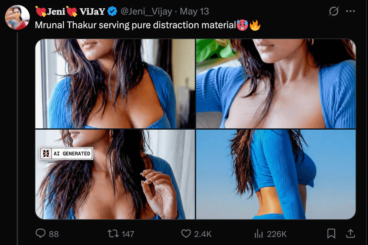 Mrunal Thakur deepfake post on X with AI Generated overlay