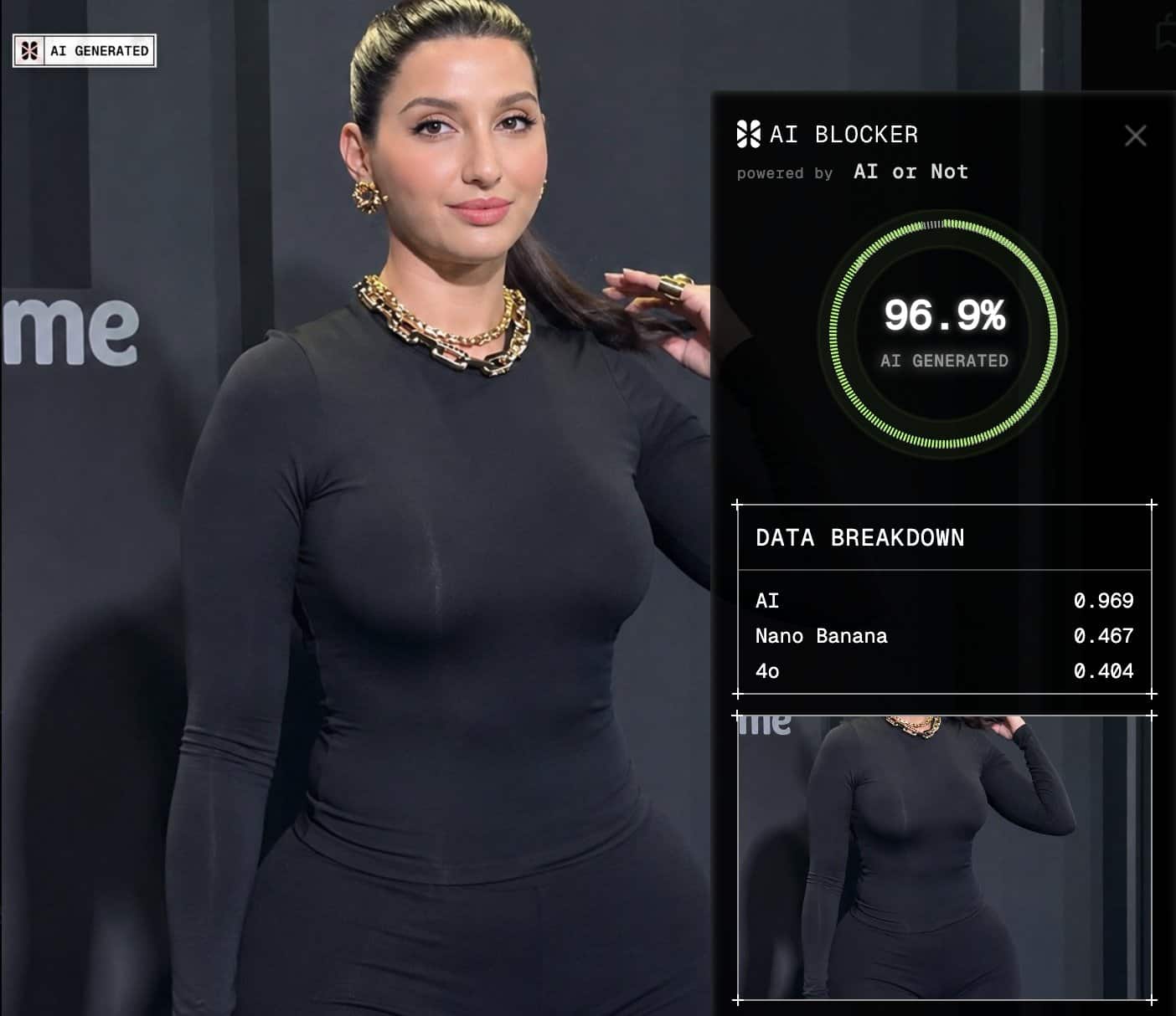AI or Not detection panel confirming the Nora Fatehi image is AI-generated