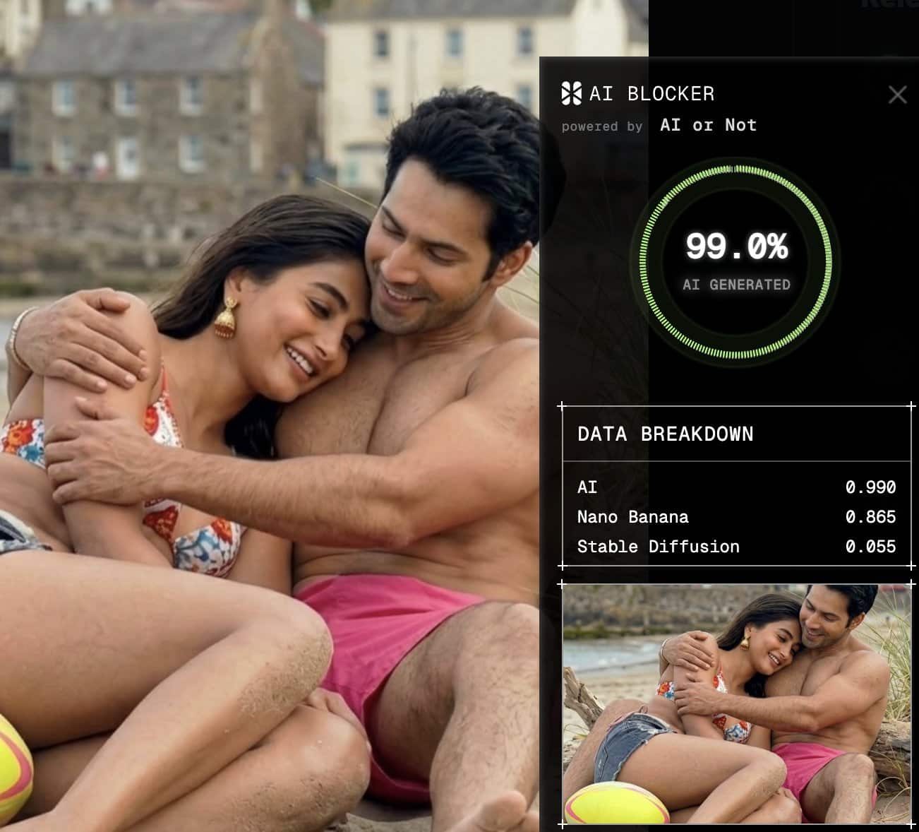 AI or Not detection panel confirming the Pooja Hegde and Varun Dhawan beach image is AI-generated
