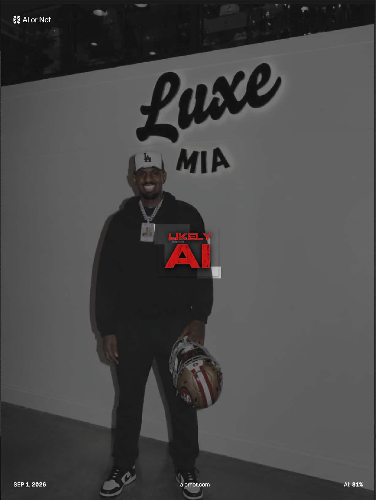 AI or Not flags the storefront portrait of Daejon Love holding a 49ers helmet as AI-generated