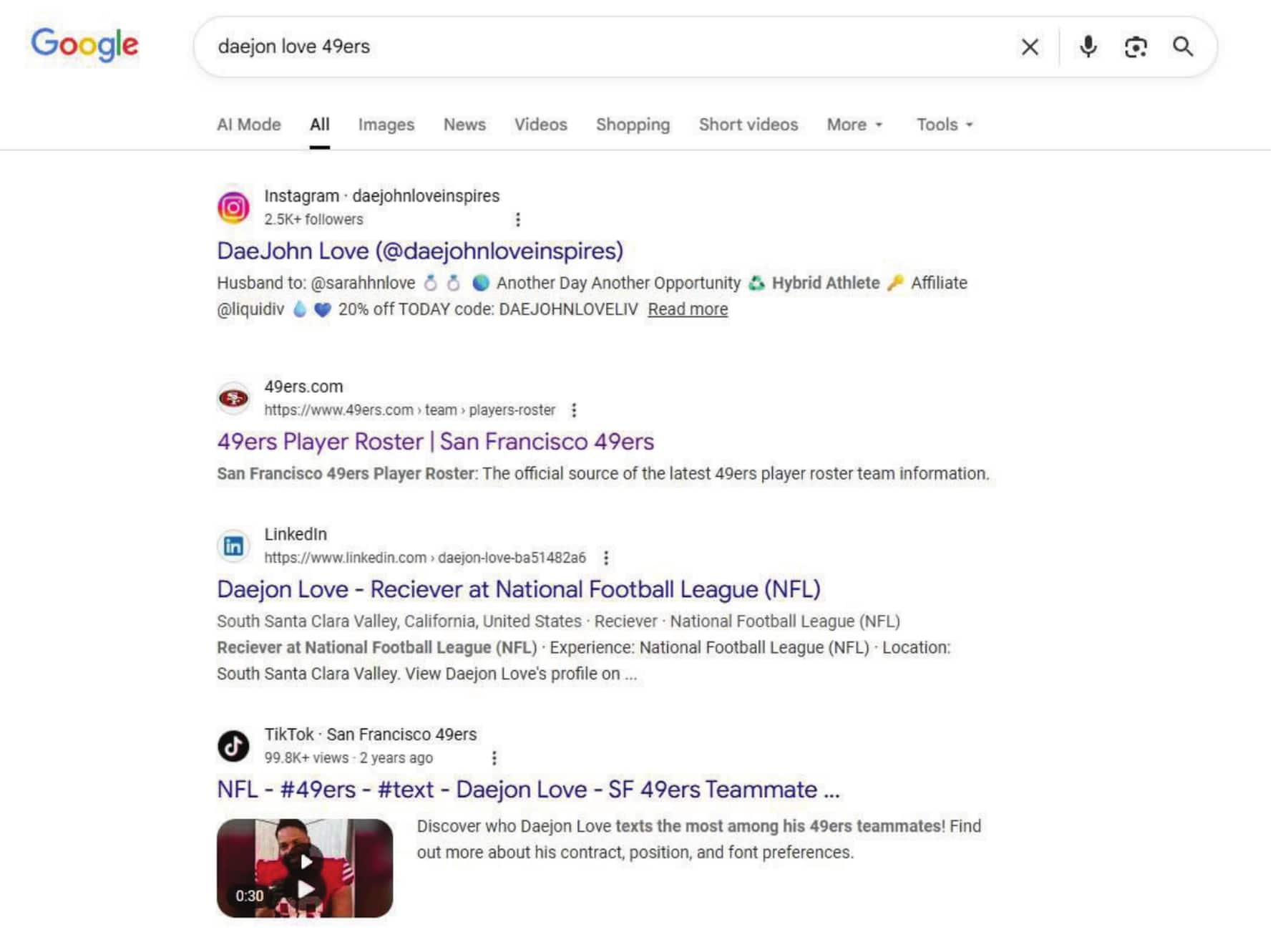 January 2026 Google results for "daejon love 49ers" entered as an exhibit in the FBI affidavit