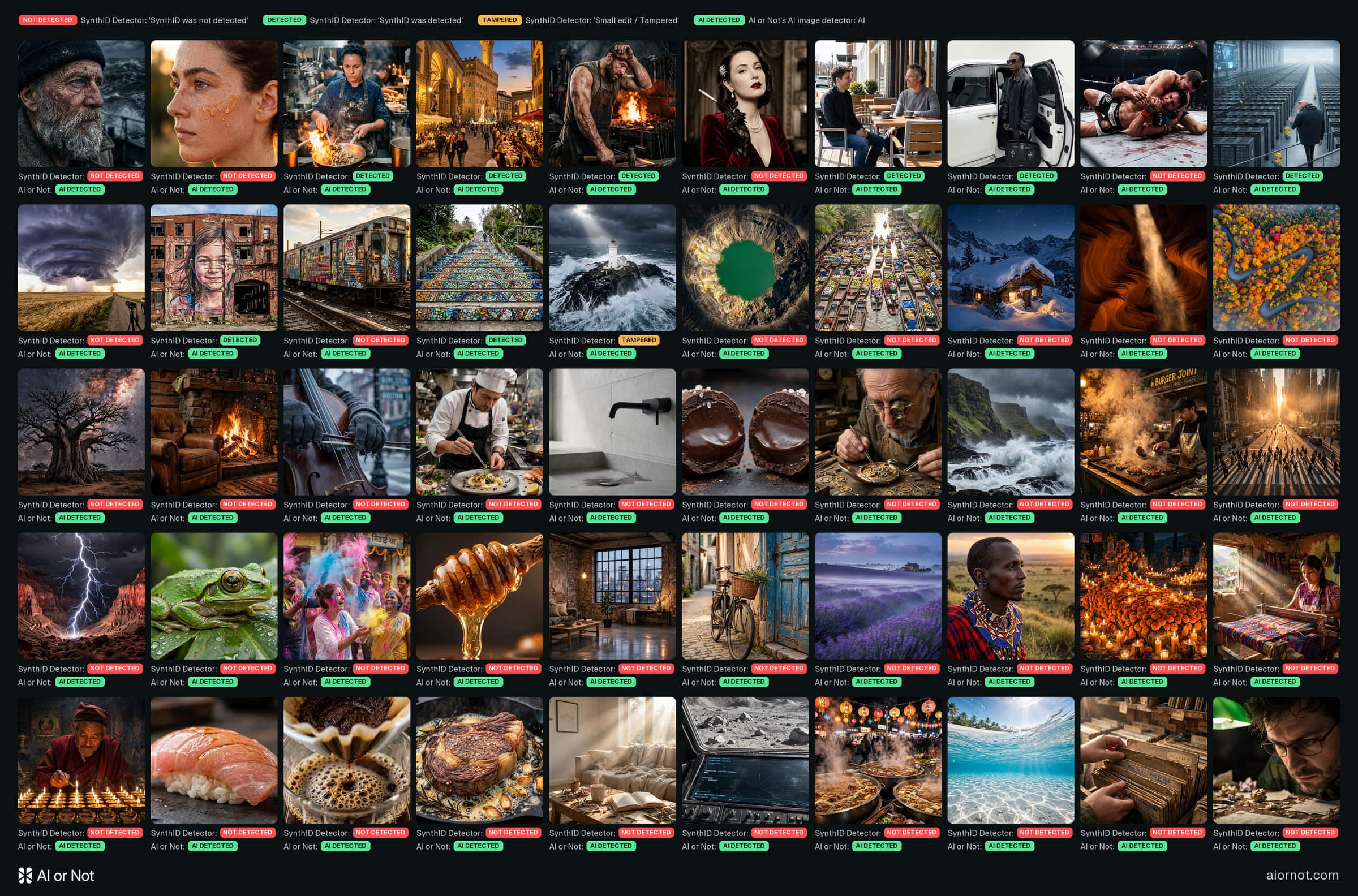 Every image in the test with SynthID removed, labelled with the SynthID Detector verdict and AI or Not's verdict