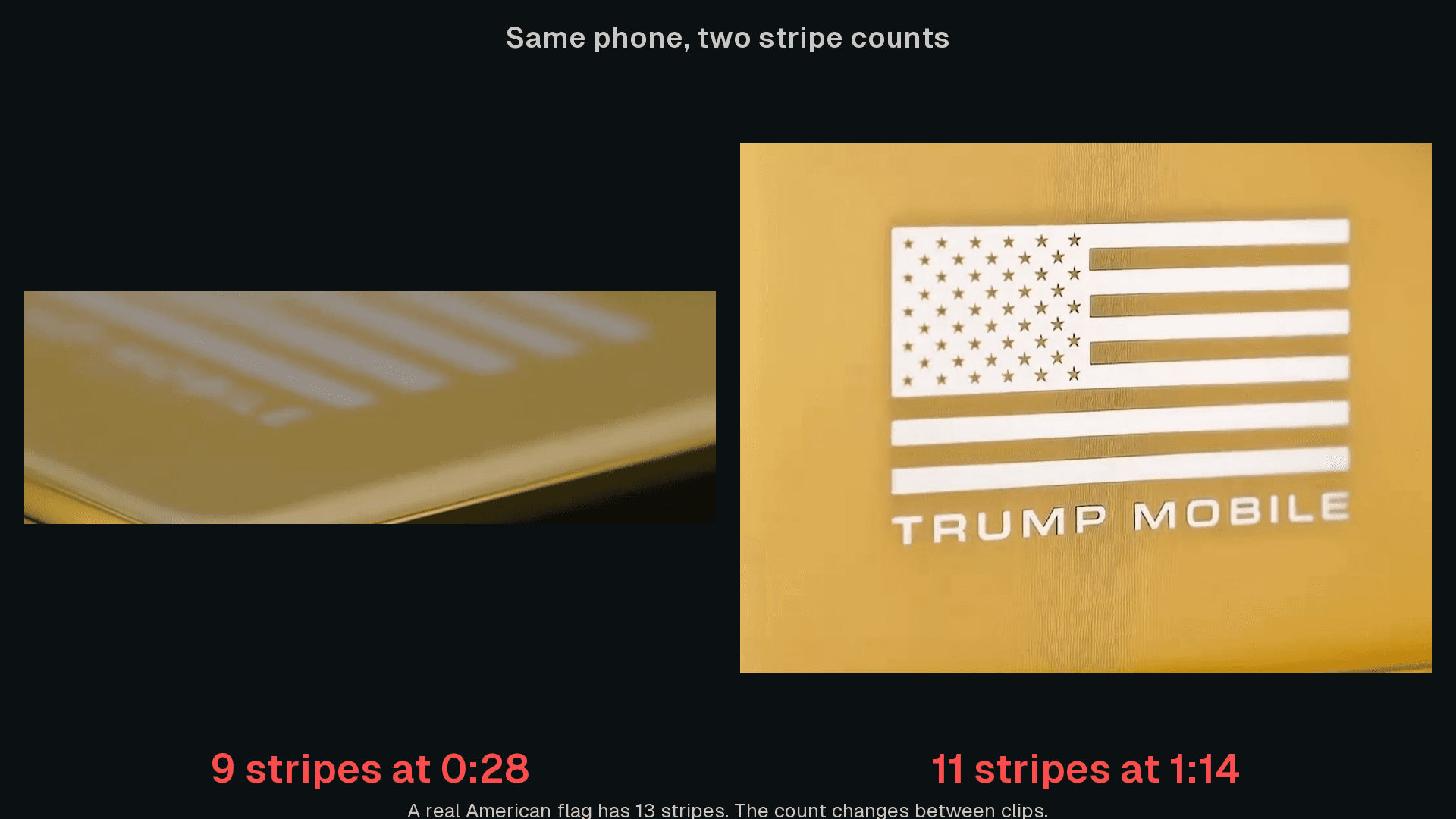 Side-by-side comparison of the Trump Mobile flag at two timestamps in the T1 release video, showing 9 stripes at 0:28 and 11 stripes at 1:14