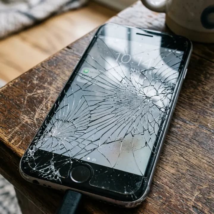 AI-generated photo of a smartphone with a shattered screen and garbled notification text, a common AI artifact