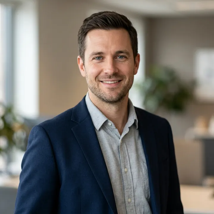 AI-generated corporate headshot of a fictional person, typical of a fake social or dating profile picture