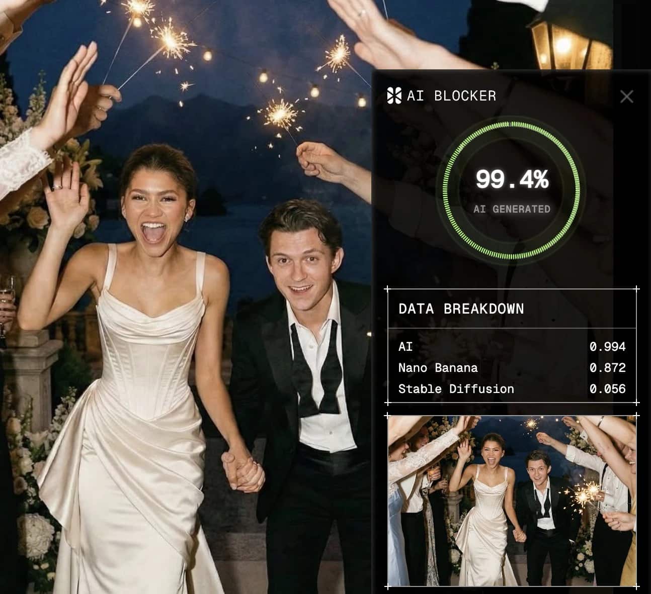 AI detection reports of Zendaya and Tom Holland wedding