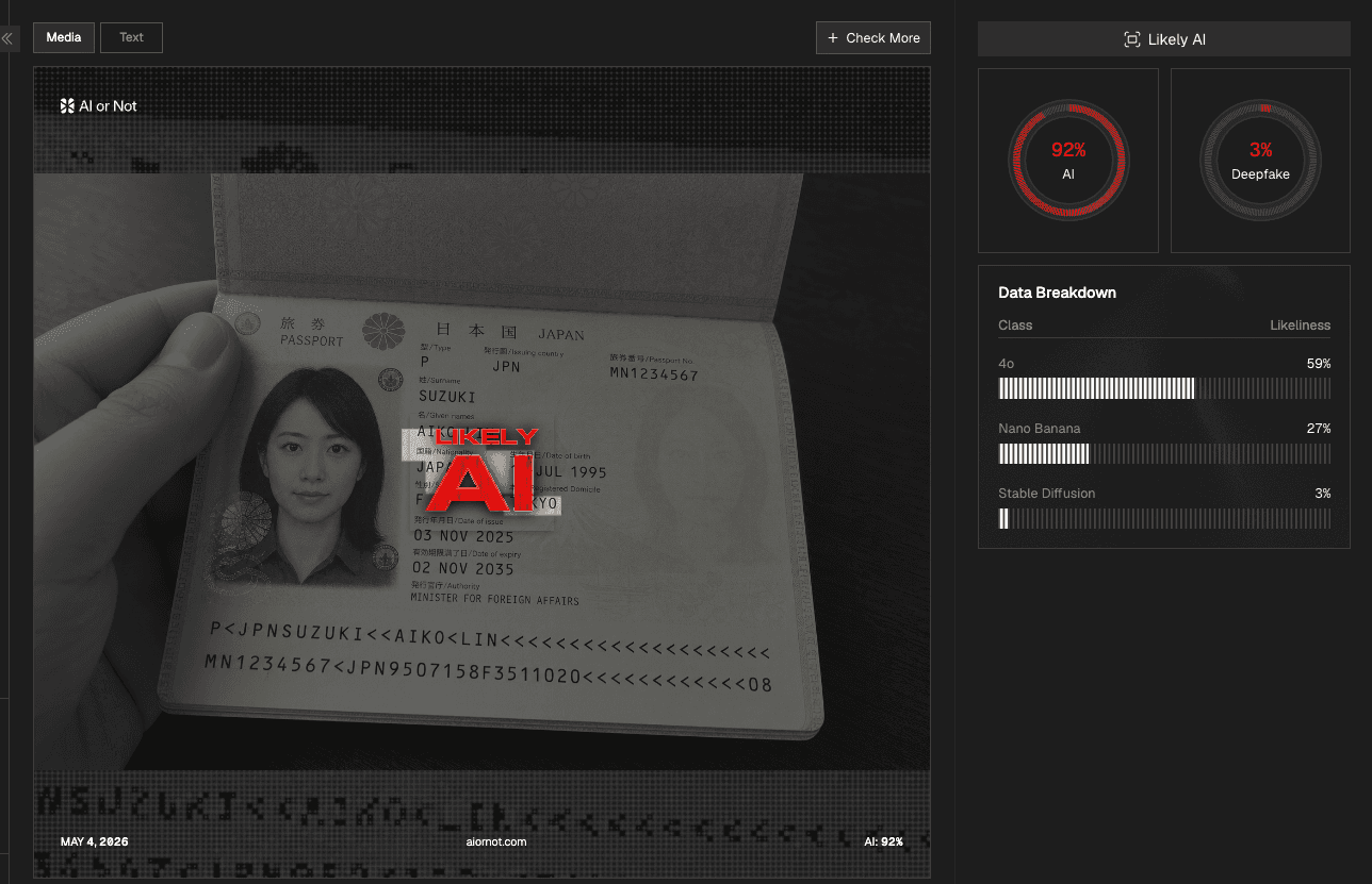 AI or Not detection report flagging the Japanese passport as AI-generated