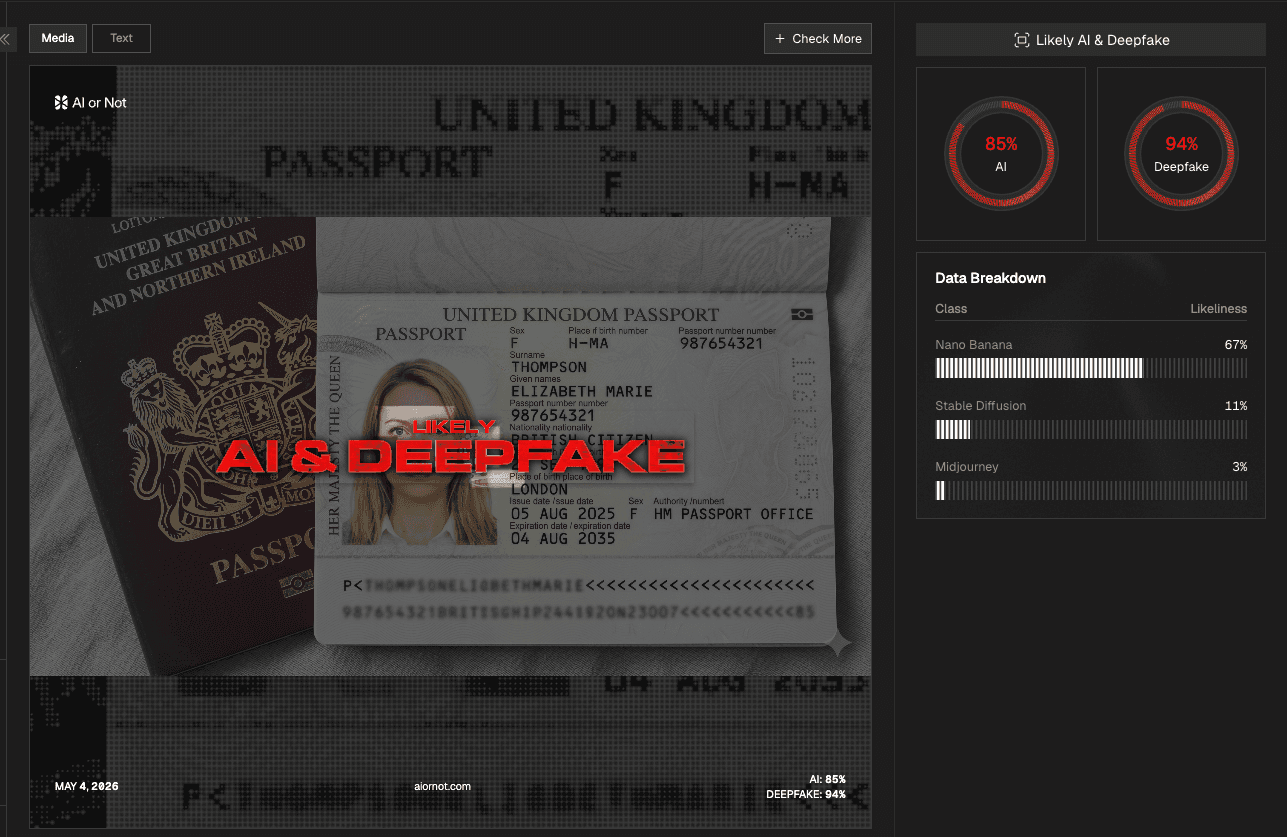 AI or Not detection report flagging the UK biometric passport as AI-generated