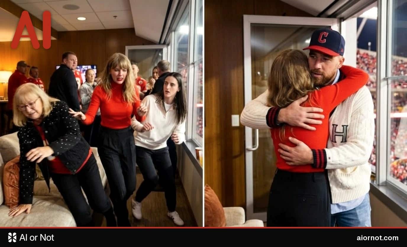 AI-generated image of a crying Taylor Swift in a stadium suite