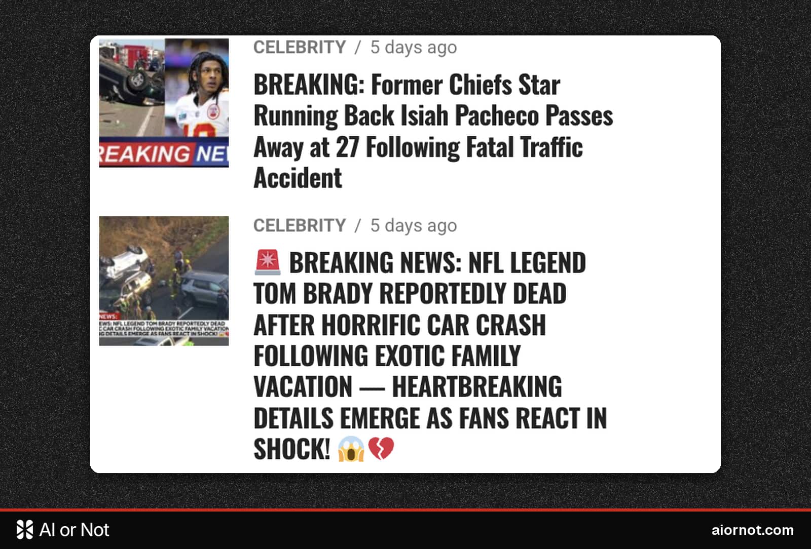 newsmous.com fake death headlines for Isiah Pacheco and Tom Brady