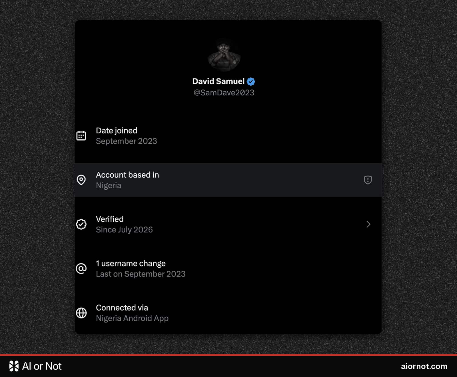 X profile of @SamDave2023 showing Account based in Nigeria
