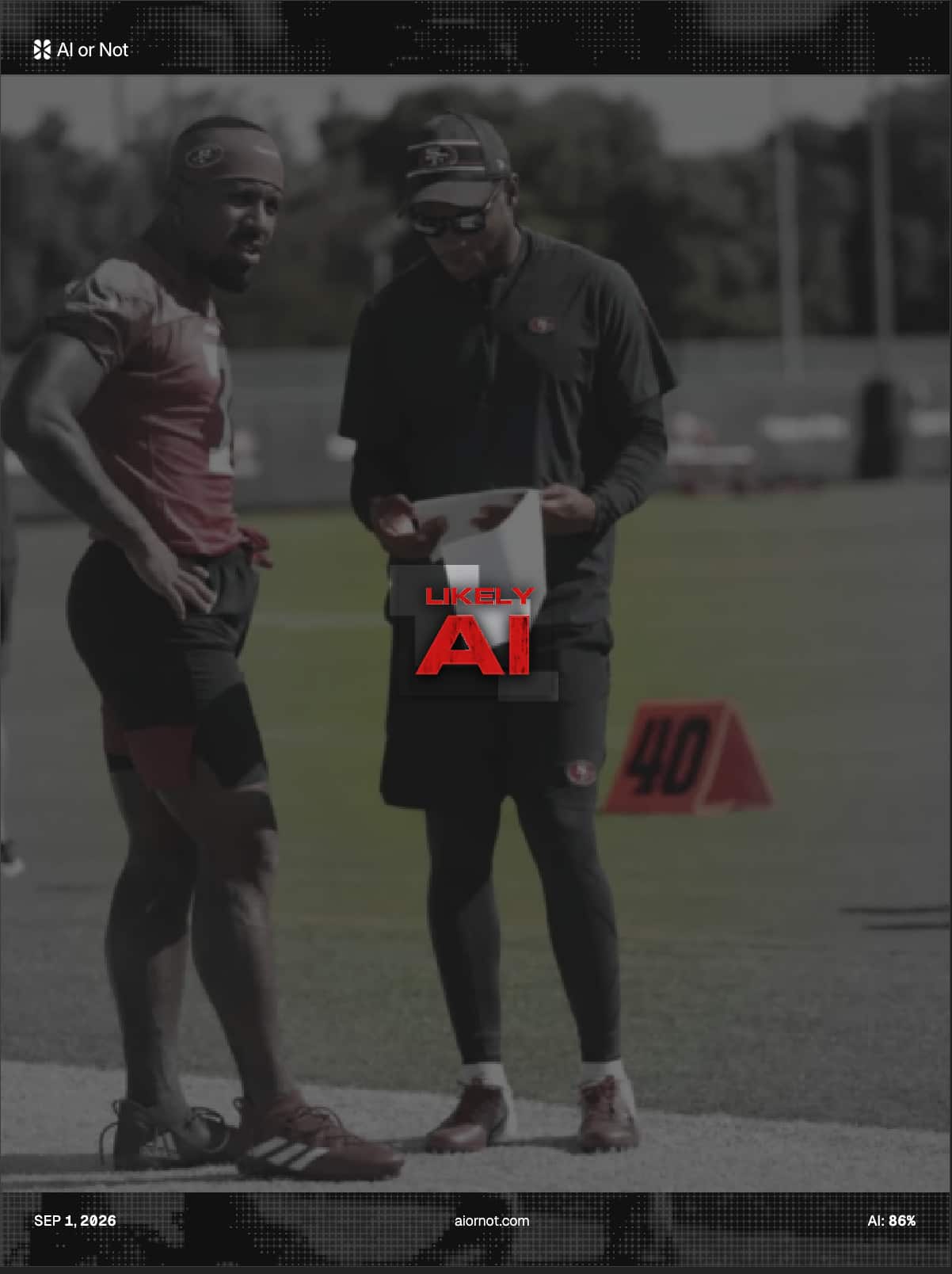 AI or Not flags the 49ers coach's post-arrest Instagram image of Daejon Love as AI-generated