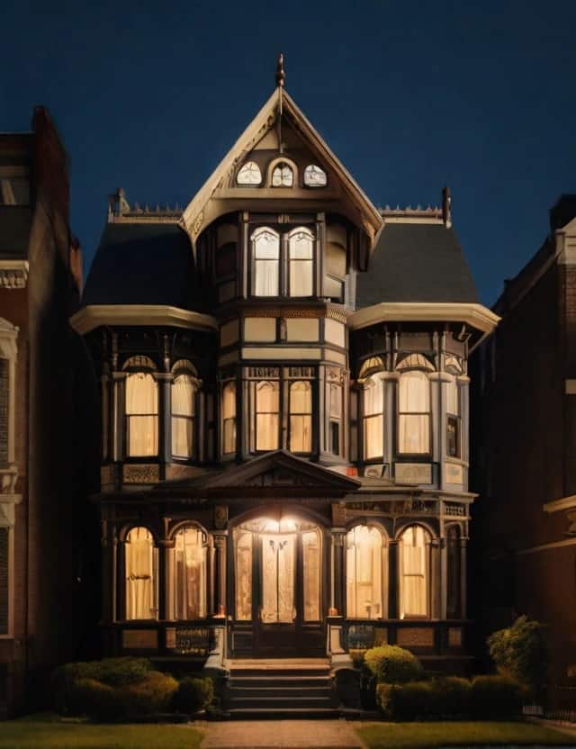AI-generated Victorian house by Leonardo.ai at night