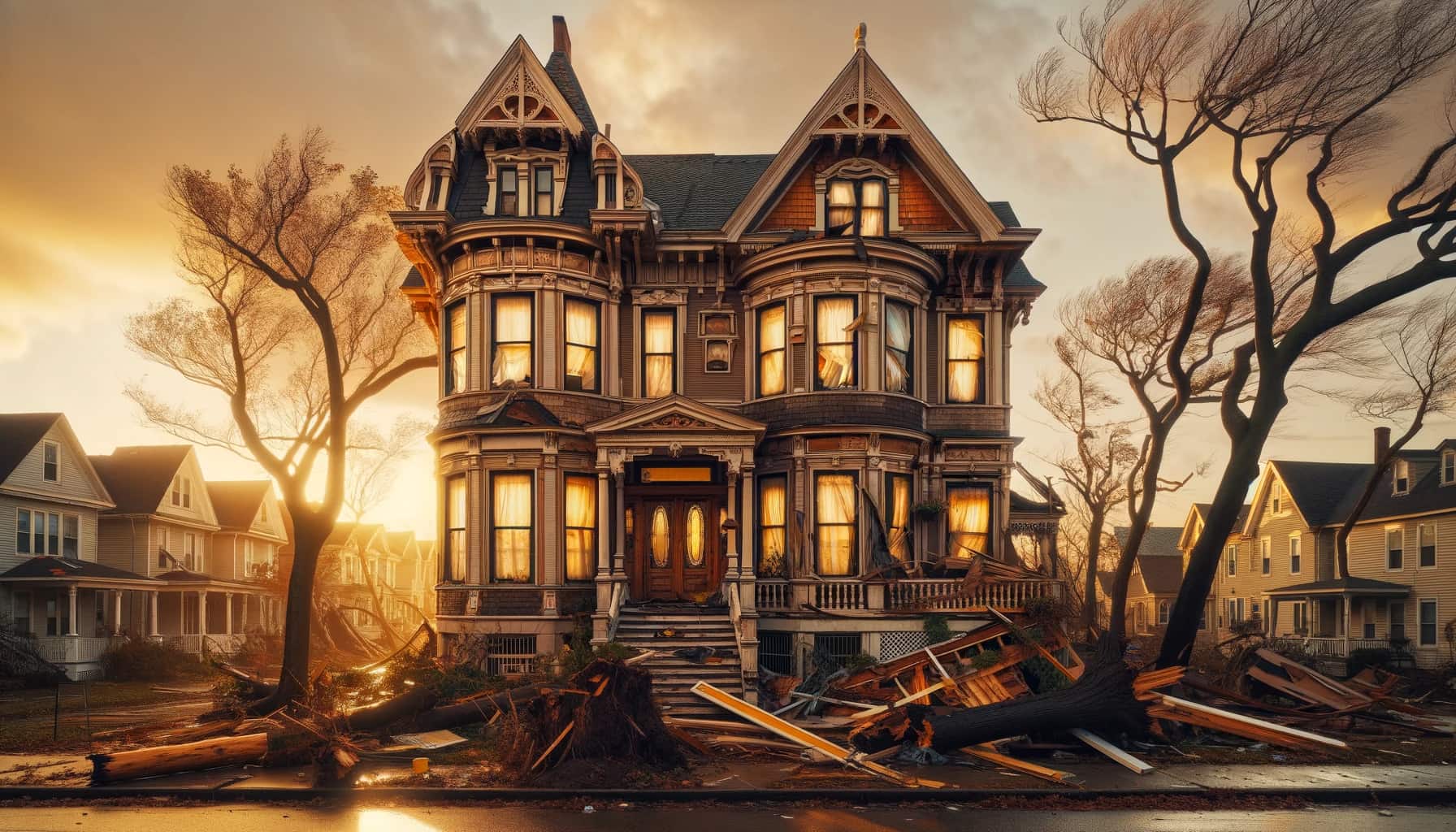AI-generated Victorian house with significant storm damage by DALL-E