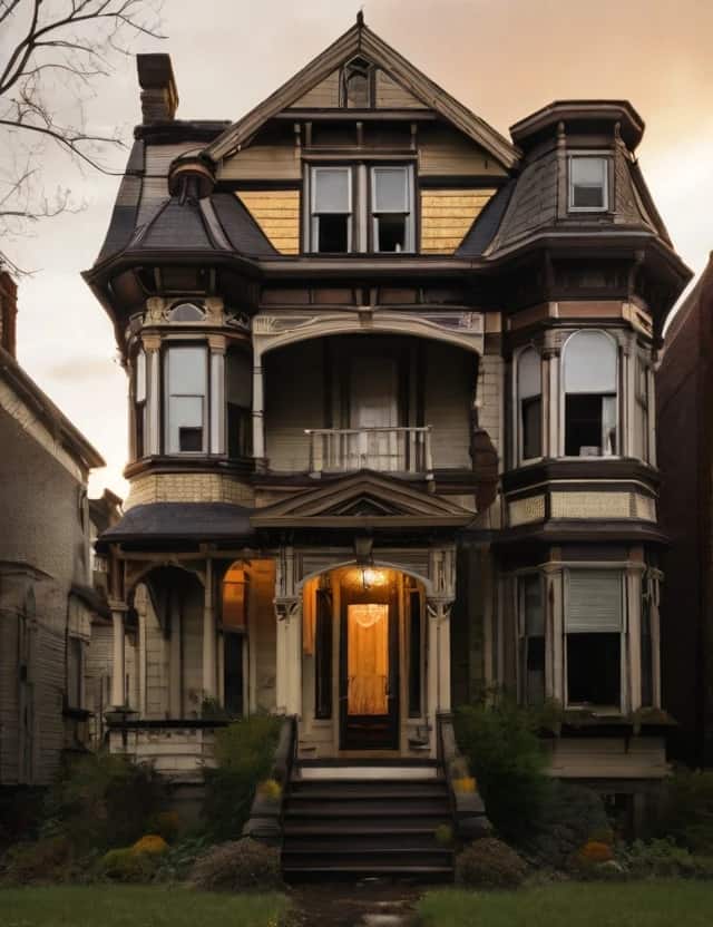 AI-generated Victorian house with significant storm damage by Leonardo.ai