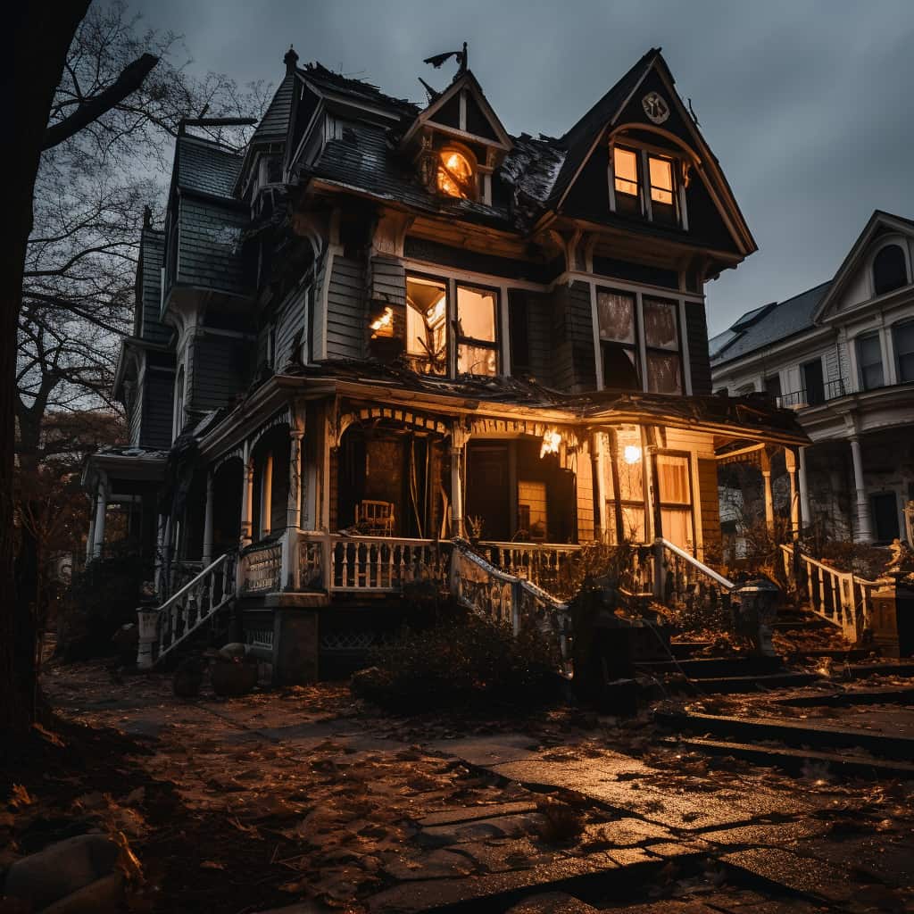 AI-generated Victorian house with significant storm damage by Midjourney