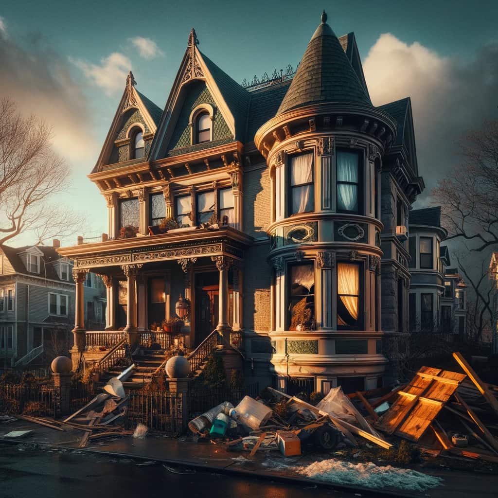 AI-generated Victorian house with storm damage by DALL-E