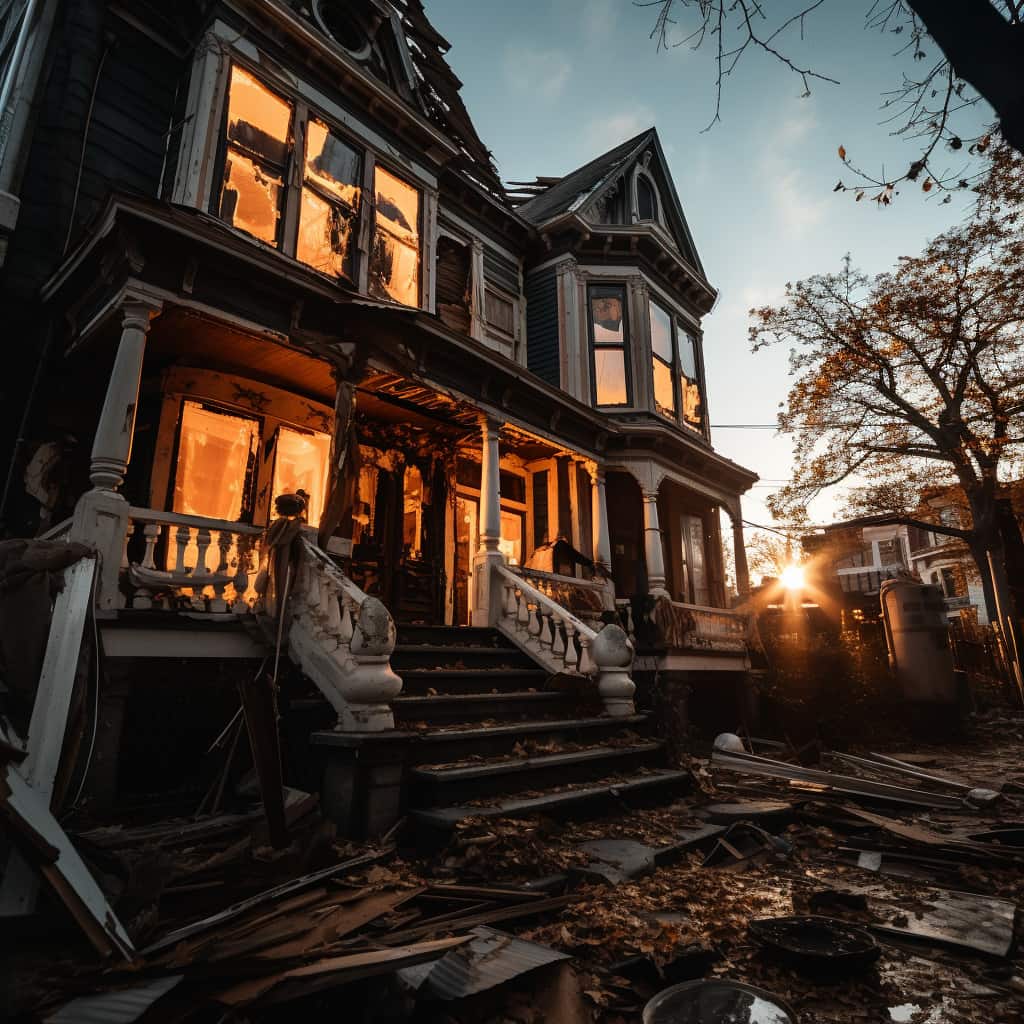AI-generated Victorian house with storm damage by Midjourney