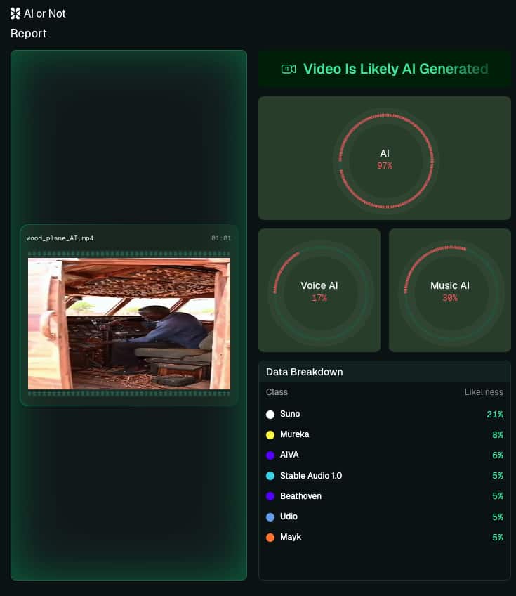 AI detection report for wooden jumbo plane