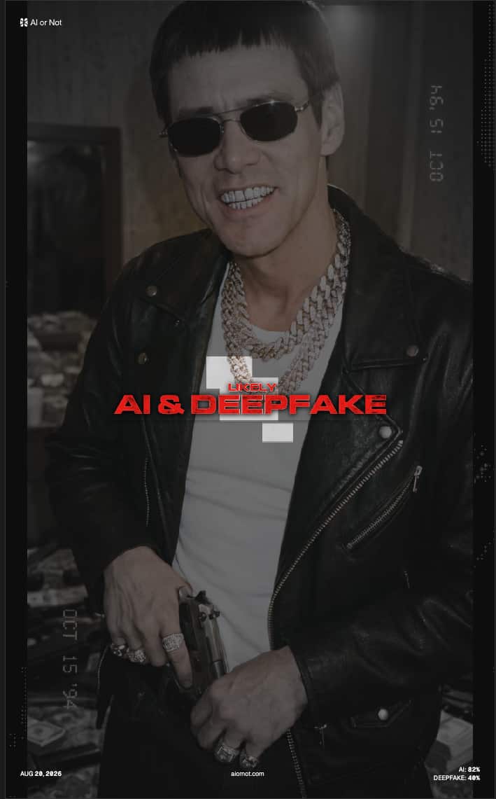 AI or Not flags another AI-generated Jim Carrey deepfake circulating with the Lil Lloyd promos as 82% likely AI and deepfake