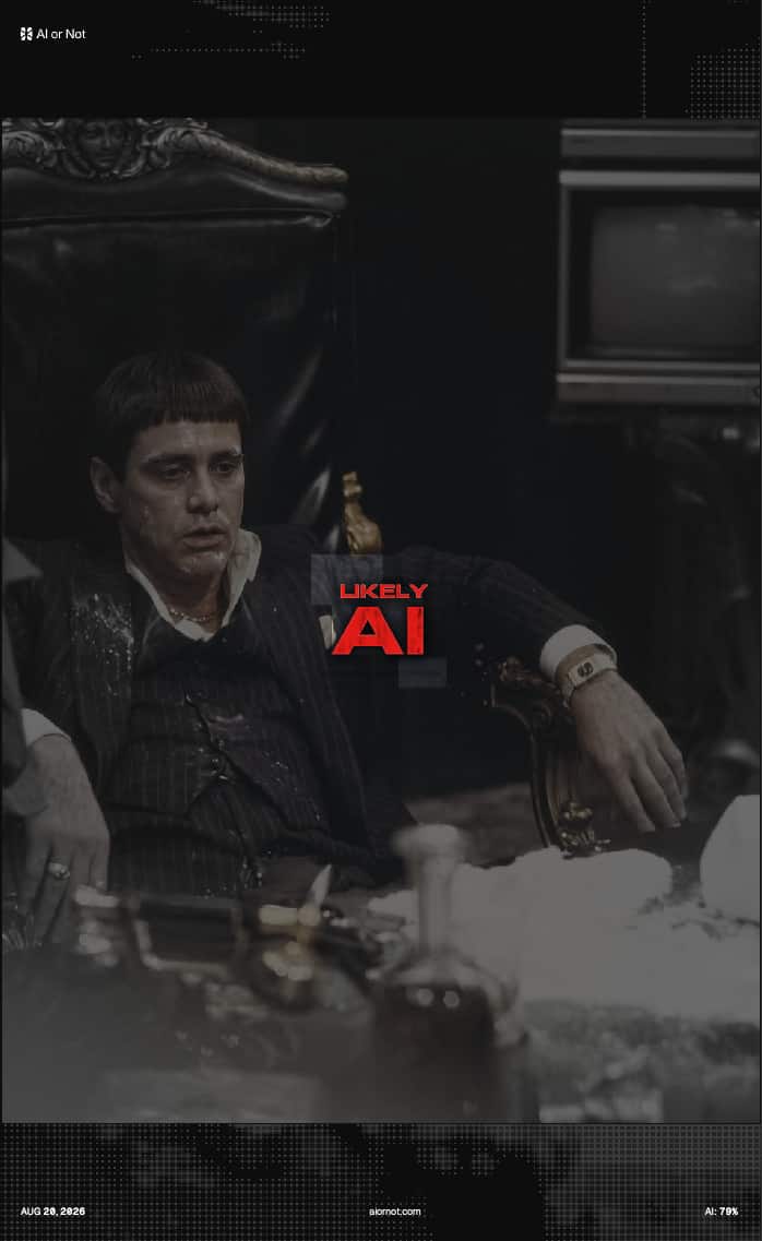 AI or Not flags an AI-generated image of Jim Carrey as Tony Montana in Scarface as 79% likely AI