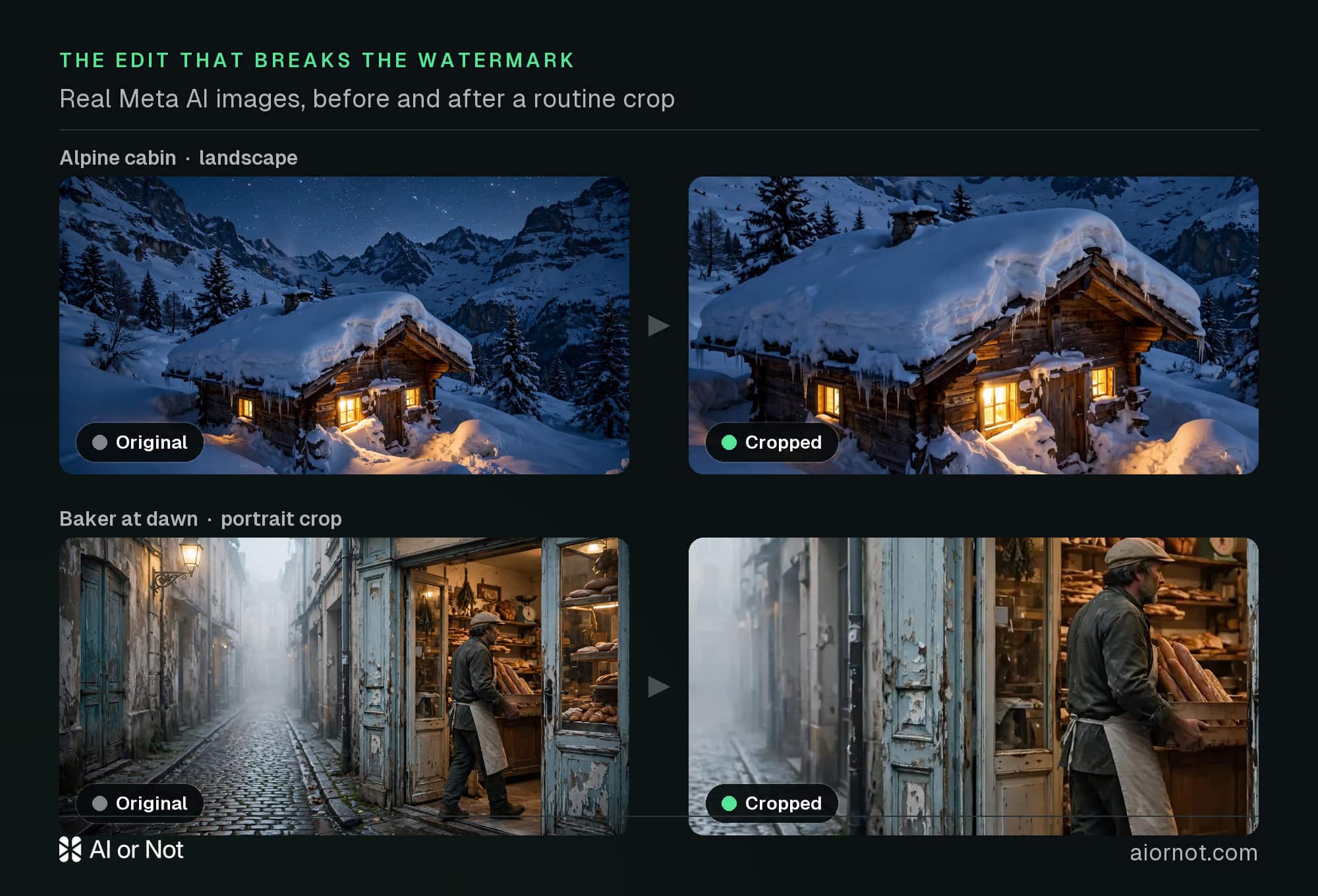 Two Meta AI images, an Alpine cabin and a baker at dawn, shown in their original form and after a crop.