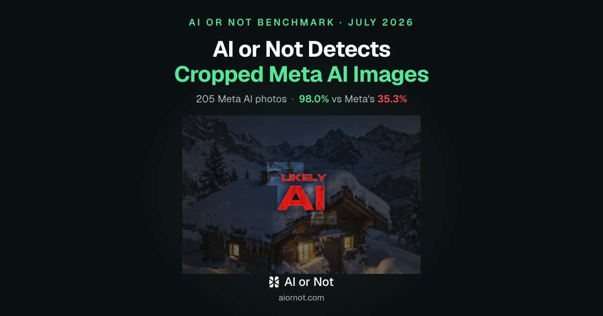 AI or Not detects cropped Meta AI images — detection benchmark, July 2026 AI or Not detects cropped Meta AI images — detection benchmark, July 2026
