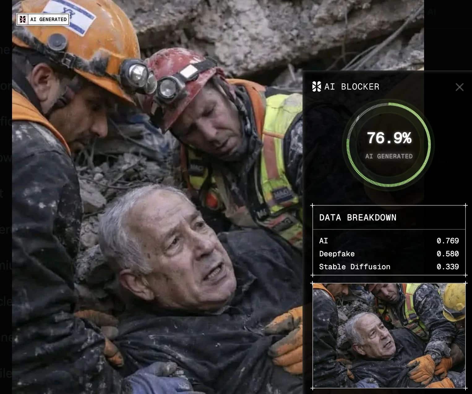 AI or Not detection showing AI-generated Netanyahu rescue image flagged at 76.9%