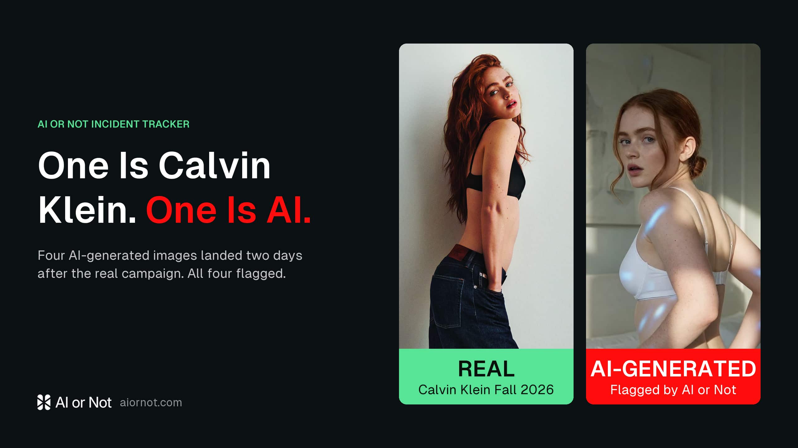 AI or Not detection report on the fake Sadie Sink Calvin Klein kitchen image, flagged AI-generated