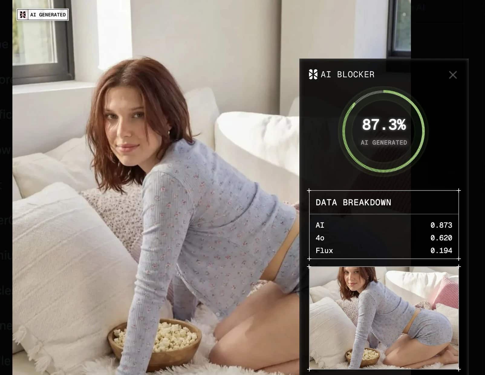 Millie Bobby Brown couch deepfake flagged by AI or Not