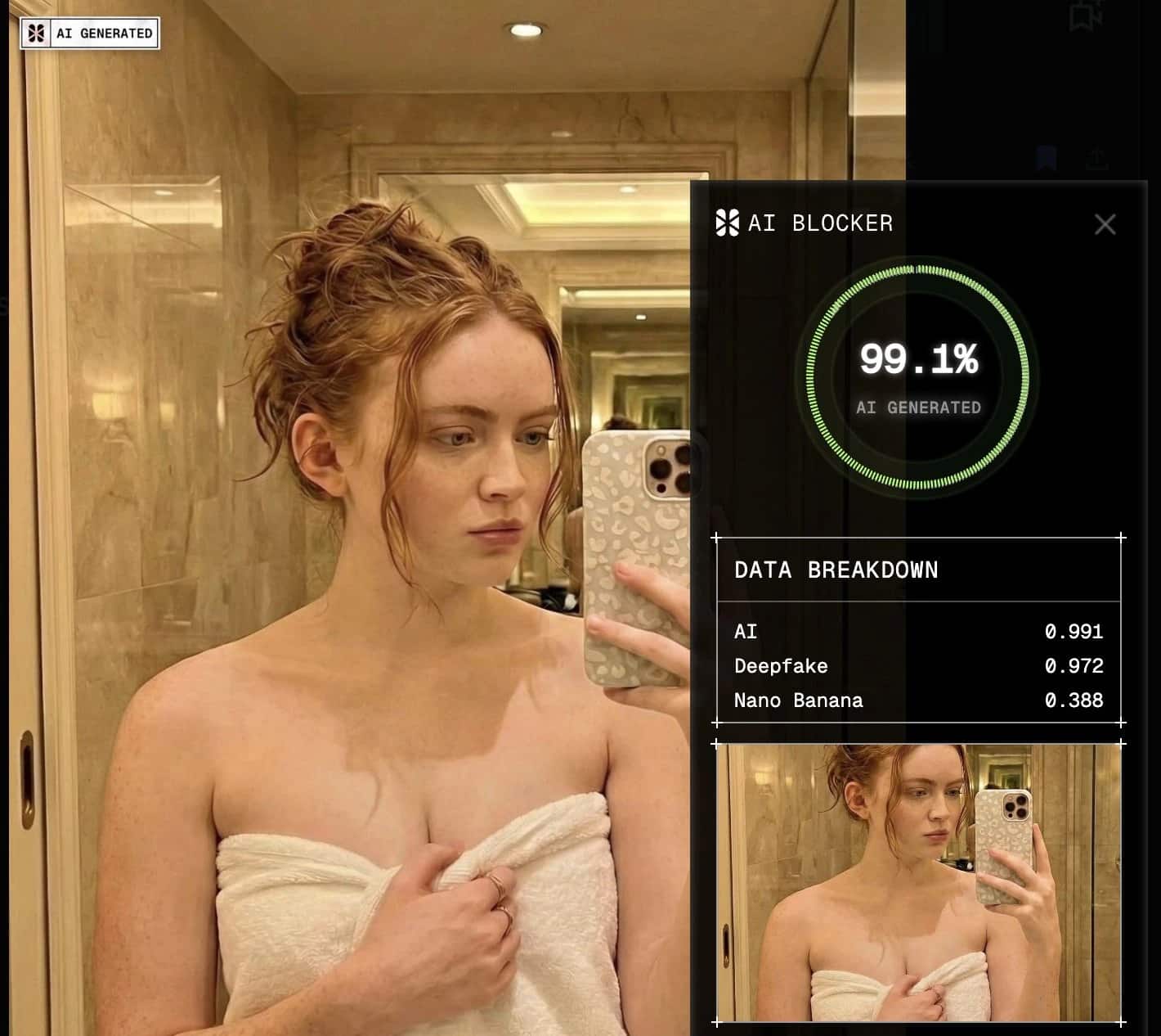 Sadie Sink towel deepfake flagged by AI or Not