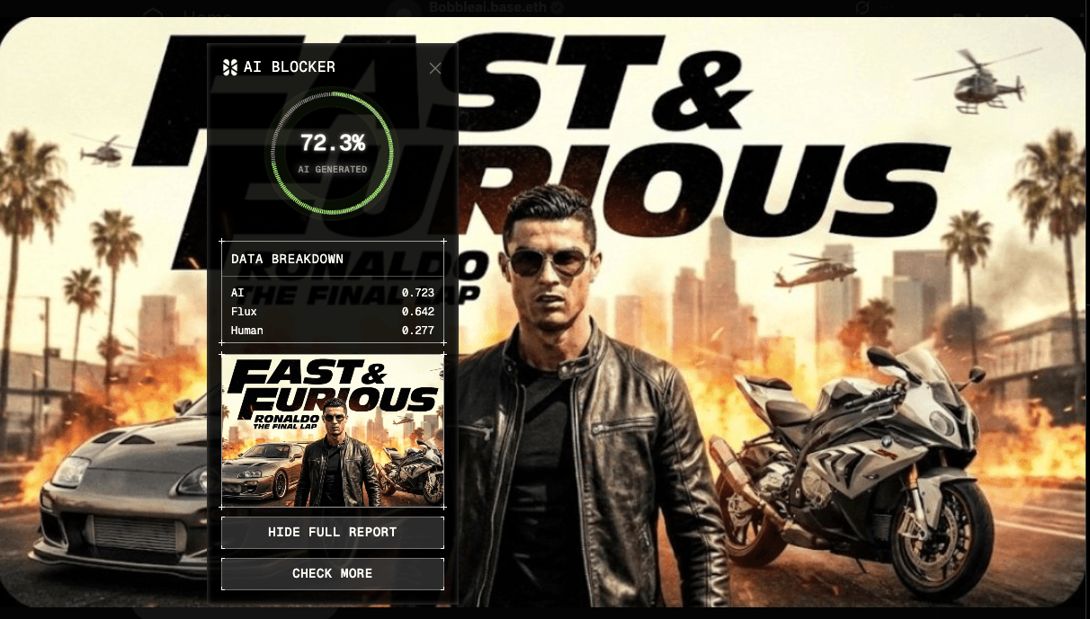 AI Detection of Ronaldo Fast & Furious movie poster AI Detection of Ronaldo Fast & Furious movie poster