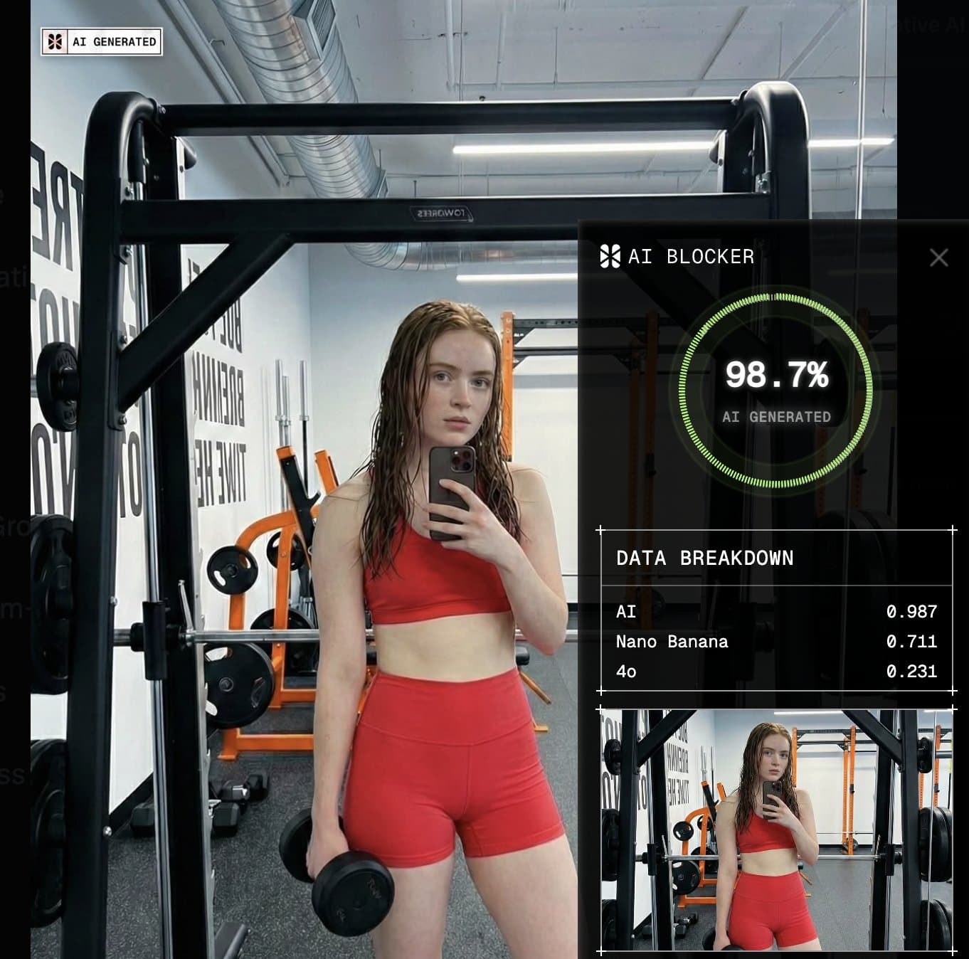 Sadie Sink gym deepfake flagged by AI or Not Sadie Sink gym deepfake flagged by AI or Not