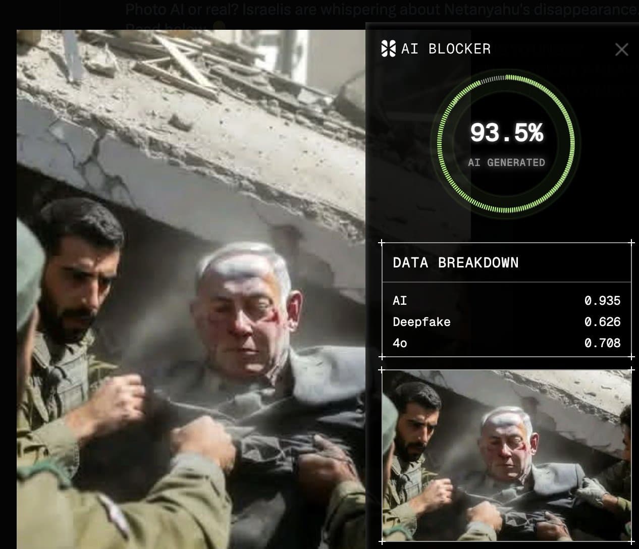 AI or Not detection showing AI-generated Netanyahu rubble image flagged at 93.5% AI or Not detection showing AI-generated Netanyahu rubble image flagged at 93.5%